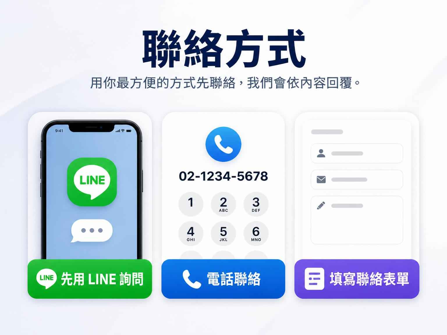 聯絡方式與 LINE 入口示意圖