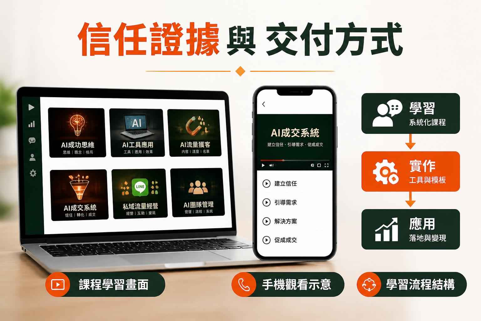 手機觀看課程與章節結構示意