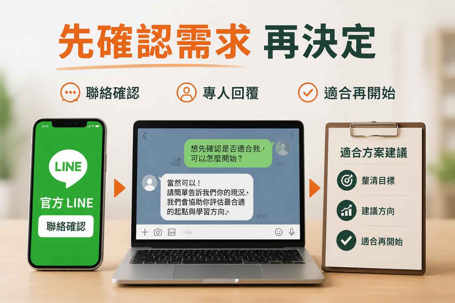 聯絡確認與官方 LINE 引導視覺